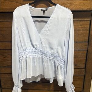 Express Women's Soft Blue Ruched V-Neck Blouse